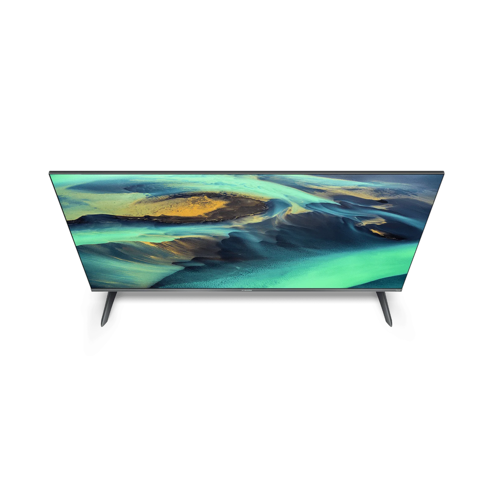 Un televisor de pantalla plana muestra un paisaje colorido sobre un fondo negro.