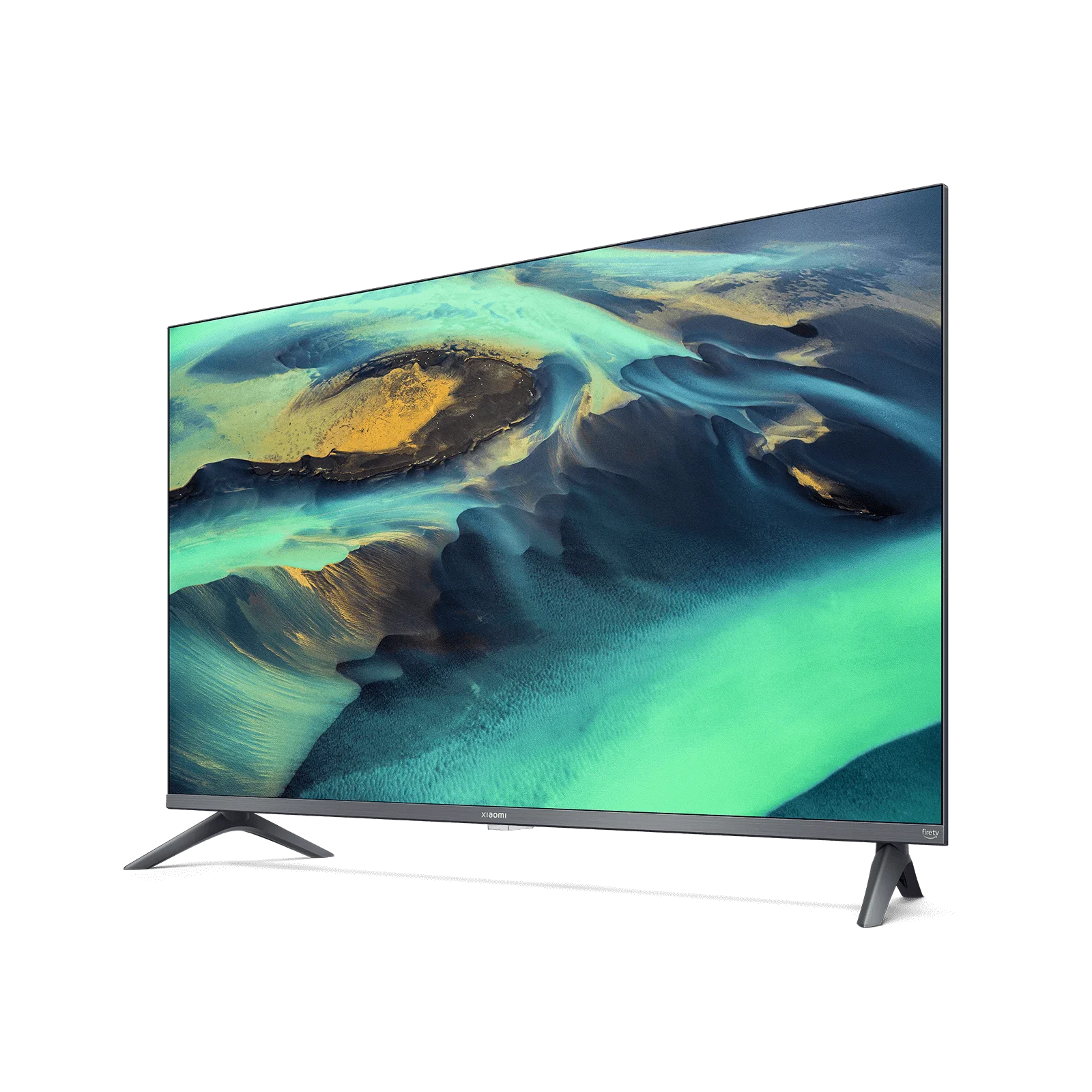Un televisor Xiaomi de marcos finos muestra una imagen abstracta azul y amarilla sobre fondo negro.