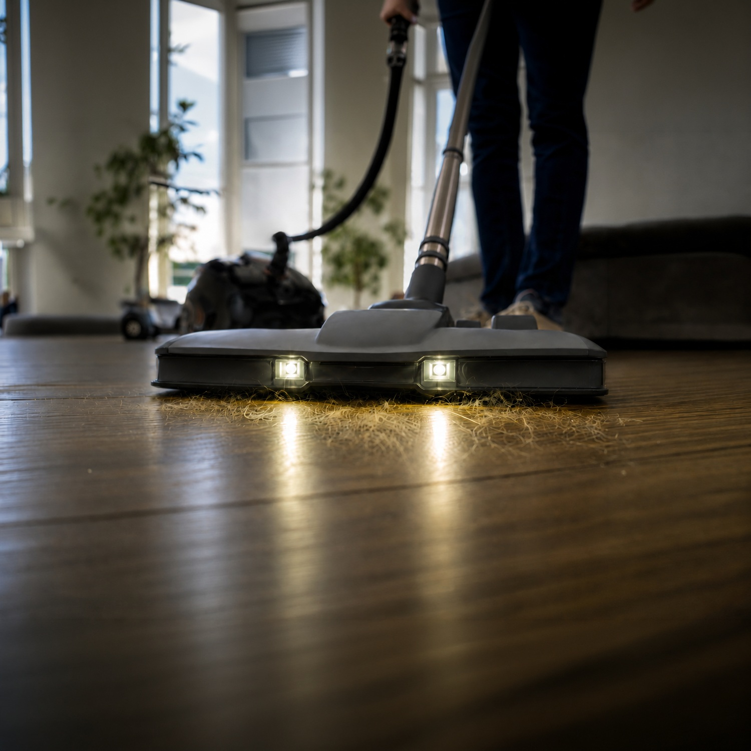 Eine Person saugt einen dunklen Holzboden in einem hellen Raum, wobei die Lampen des Staubsaugers Tierhaare beleuchten.
