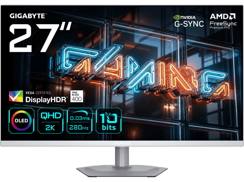GIGABYTE MO27Q2A Ice OLED 27 Zoll Monitor, QHD, 0,03 ms Reaktionszeit, 250 cd/m², 280 Hz, Weiß