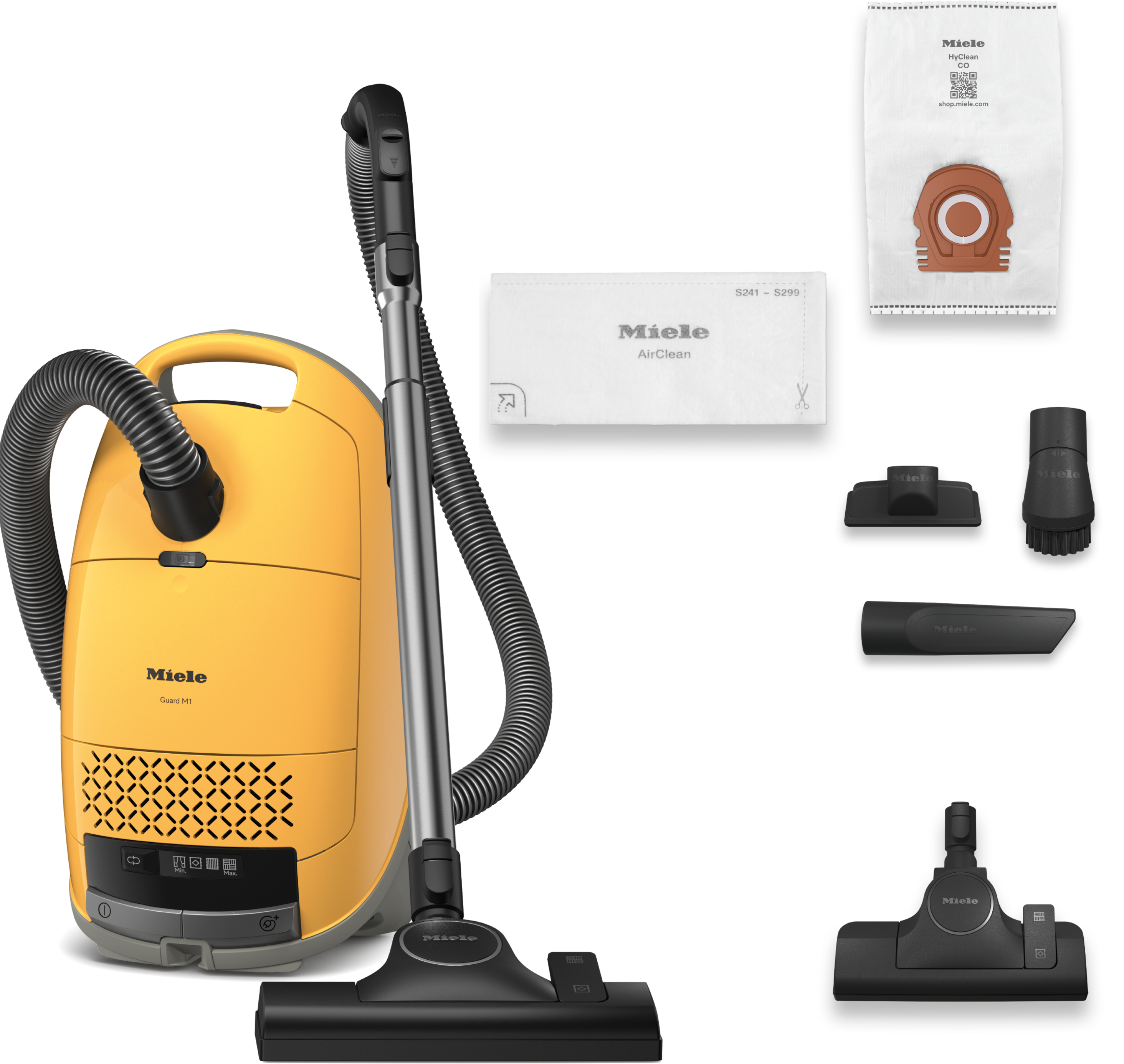 Gelber Miele Staubsauger Guard M1 mit Schlauch, Teleskoprohr, Düsen, Filter und Staubbeutel auf schwarzem Hintergrund.