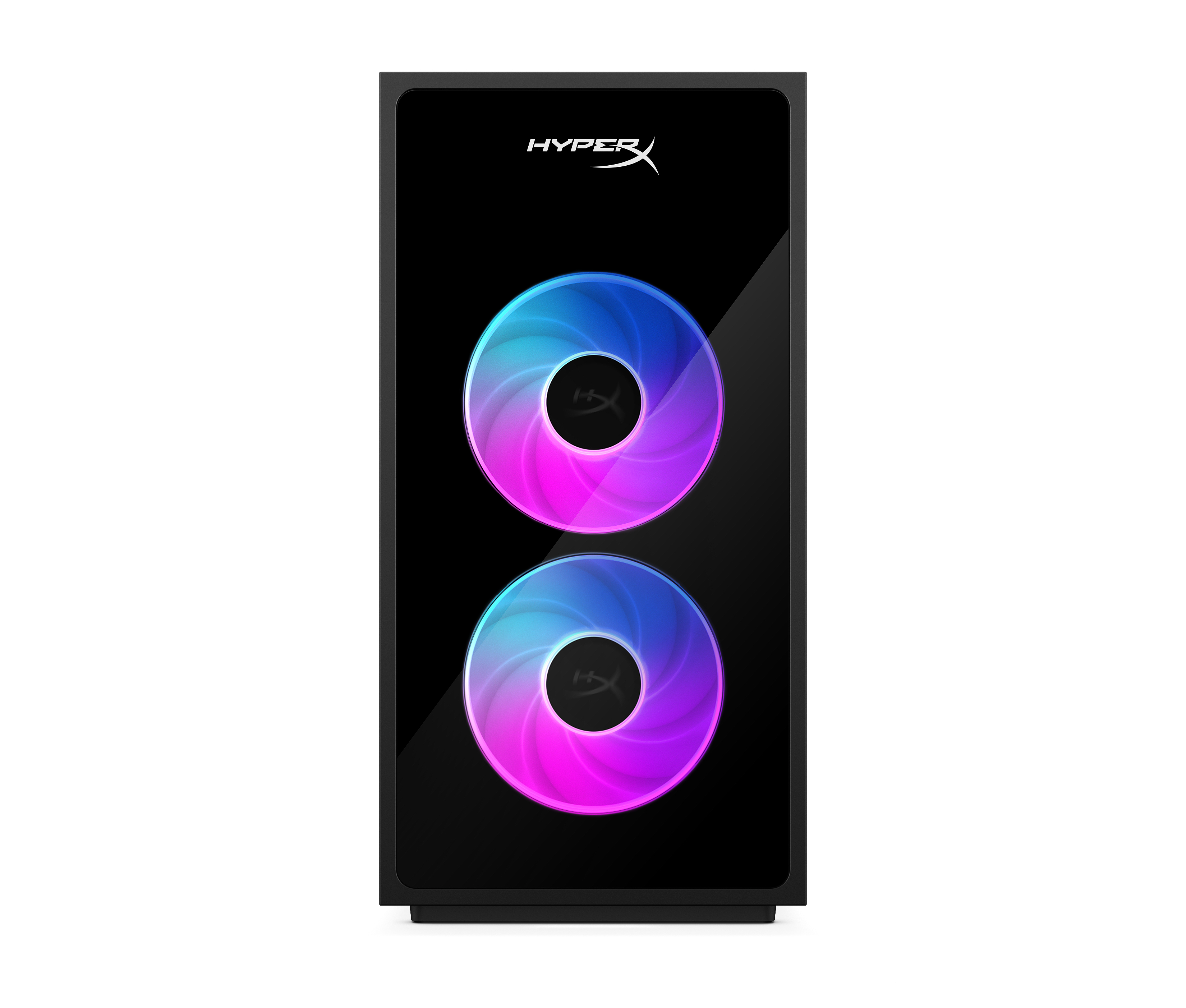 Ein schwarzes PC-Gehäuse mit zwei leuchtend blau-pinken RGB-Lüften vorne und dem HyperX-Logo oben.