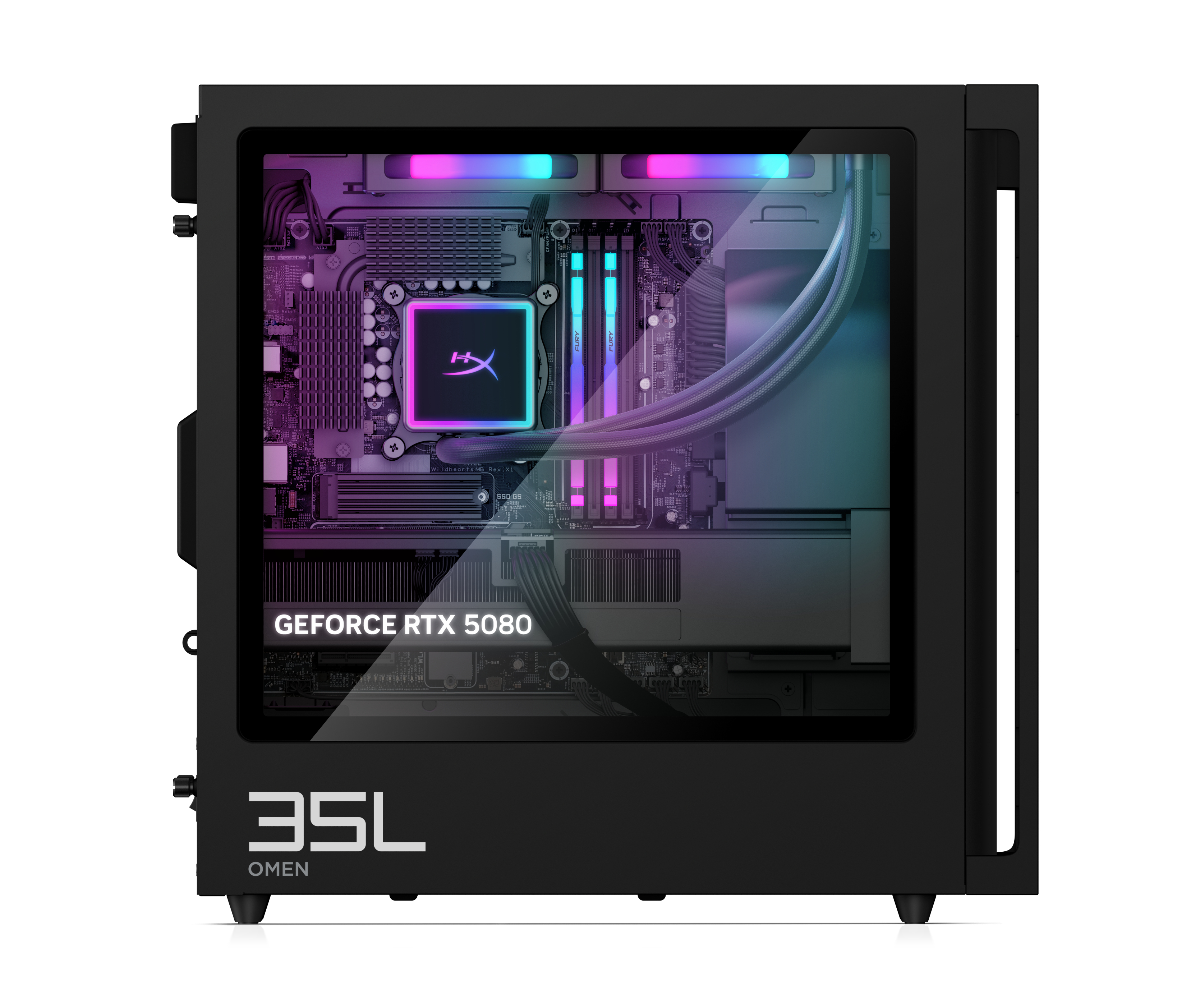Ein schwarzer OMEN 35L Gaming-PC mit Glasseitenwand, die Komponenten mit bunter RGB-Beleuchtung zeigt.