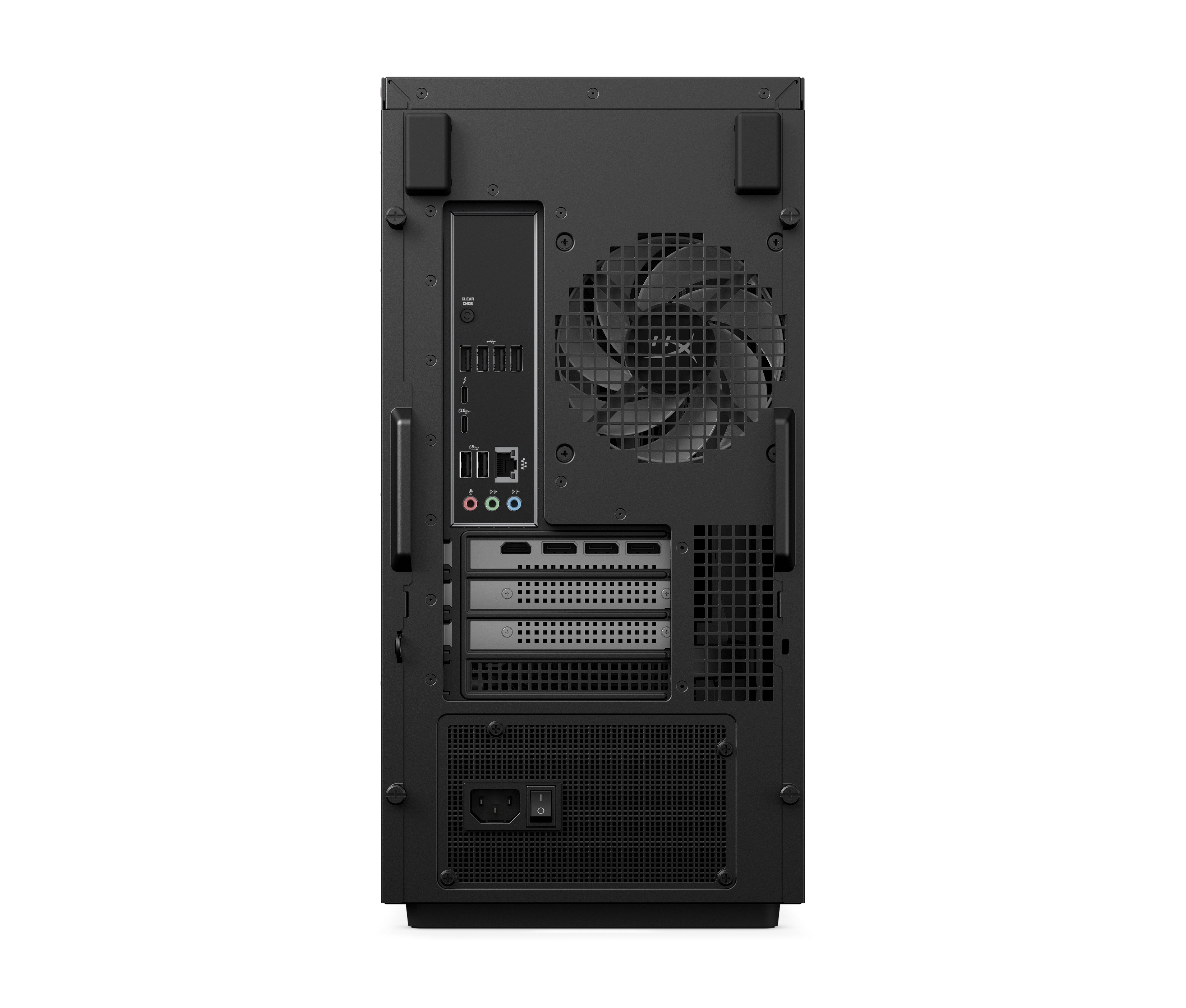Rückansicht eines schwarzen Computergehäuses mit I/O-Anschlüssen, Lüfter und Netzteil unten.