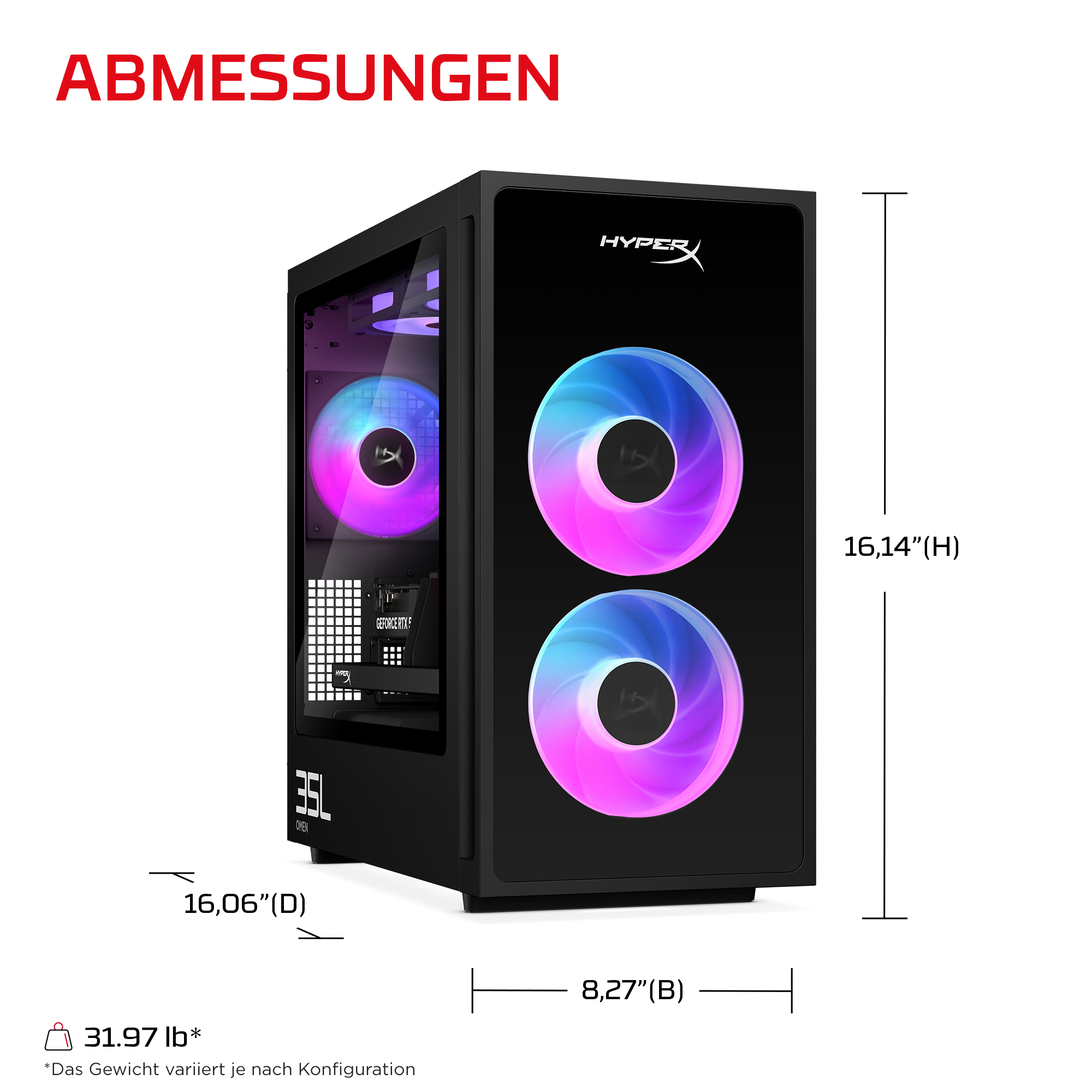 Ein schwarzes Gaming-PC-Gehäuse mit RGB-Lüftern und Maßen von 41x21x41 cm.