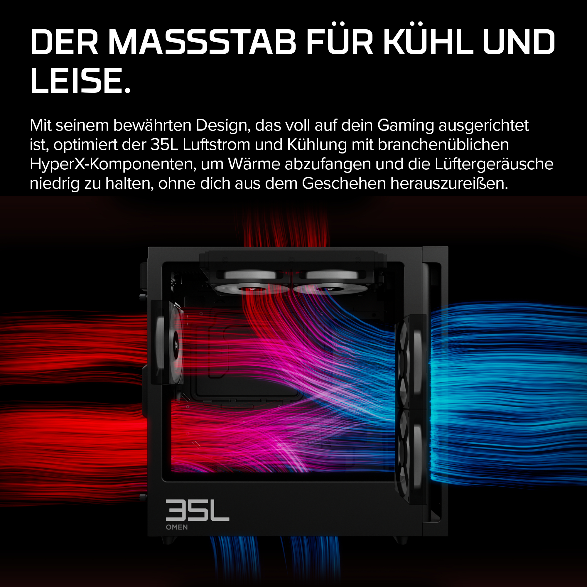 Ein PC-Gehäuse zeigt den Luftstrom mit blauen und roten Linien für Kühlung.
