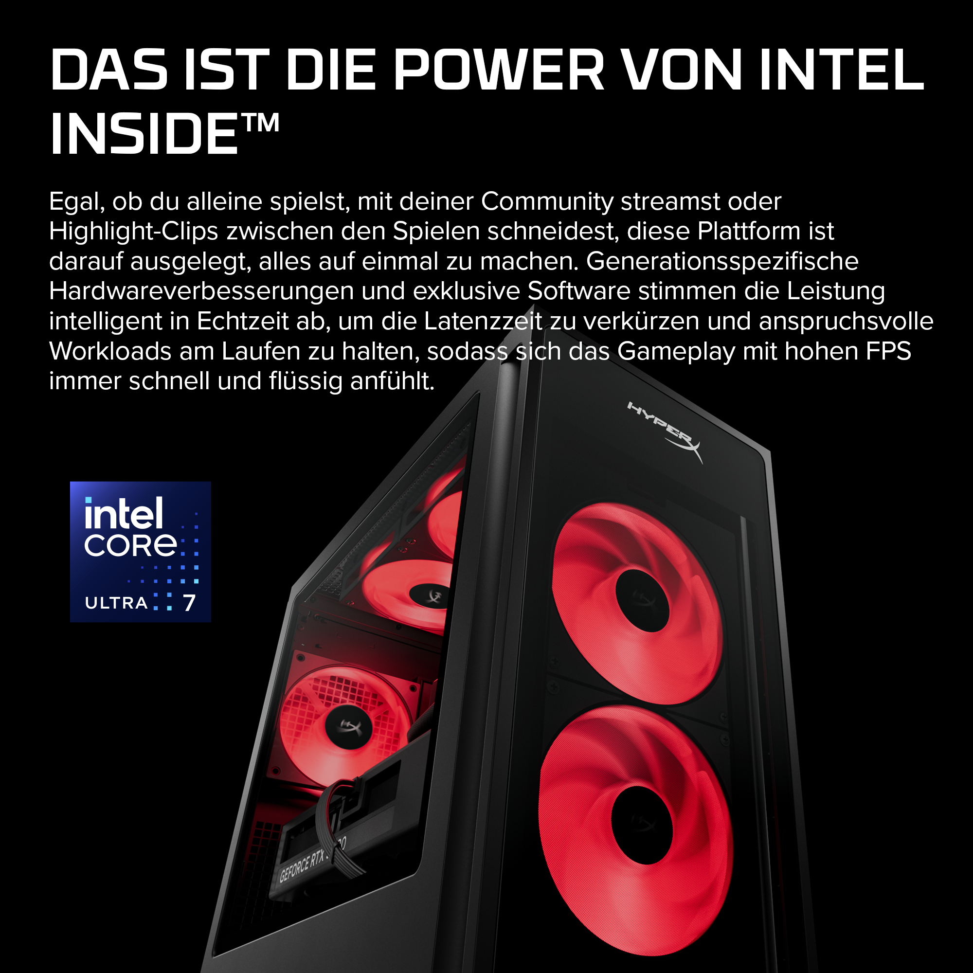 Intel Core Ultra 7 PC-Werbung mit roter RGB-Beleuchtung auf schwarzem Hintergrund und Text.