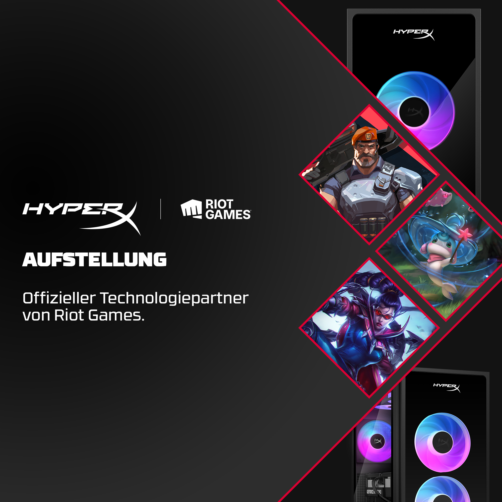 HyperX ist offizieller Technologiepartner von Riot Games, dargestellt mit Gaming-Grafiken und PC-Teilen.