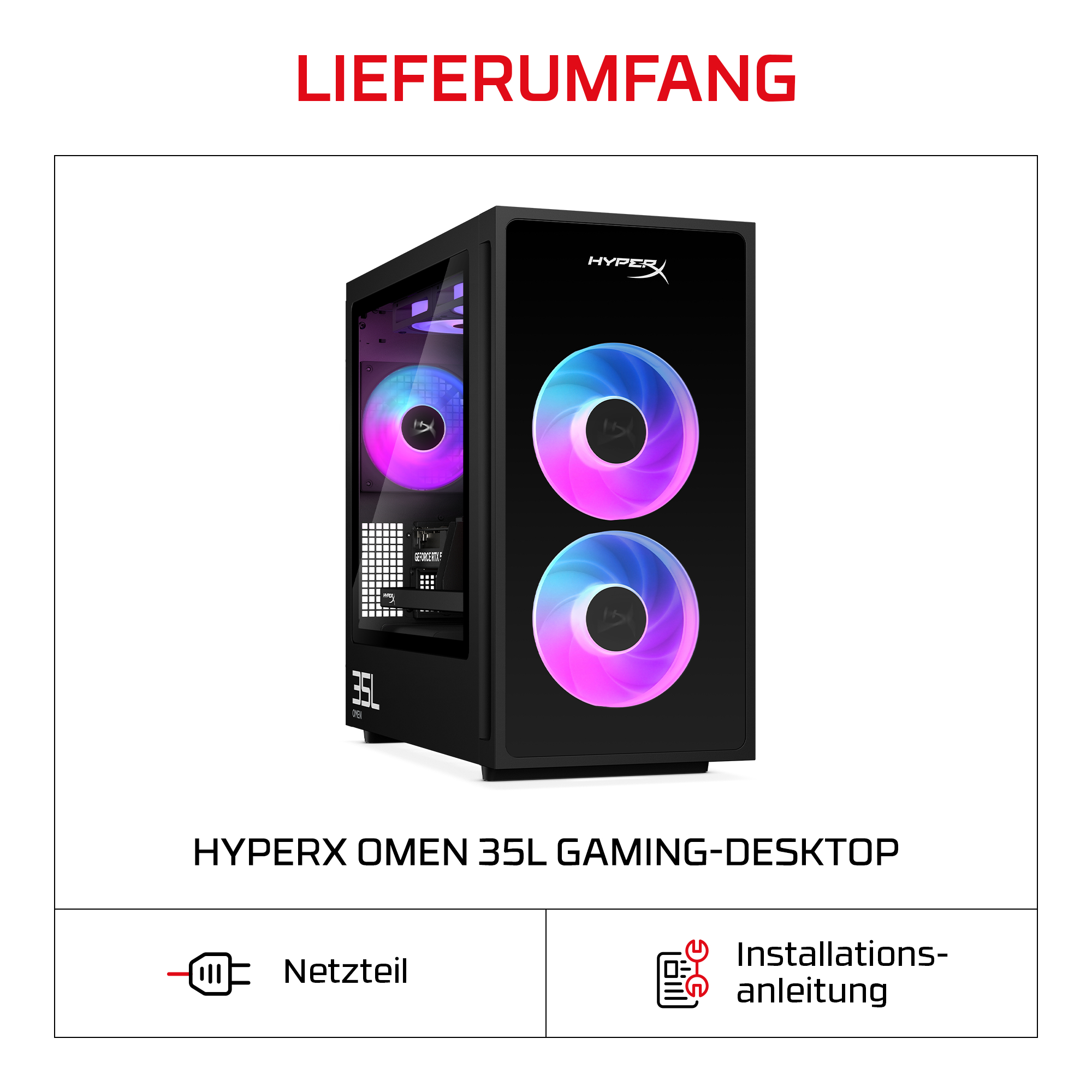 HyperX Omen 35L Gaming-Desktop mit beleuchteten Lüftern, Netzteil und Installationsanleitung.