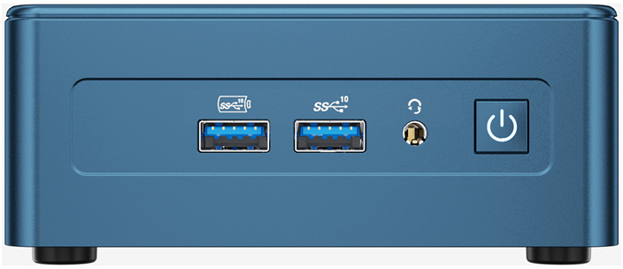 Kék mini PC elülső nézete két USB-porttal, audio csatlakozóval és bekapcsológombbal.