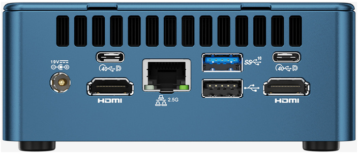 Egy kék mini PC hátlapja USB, HDMI és Ethernet portokkal.