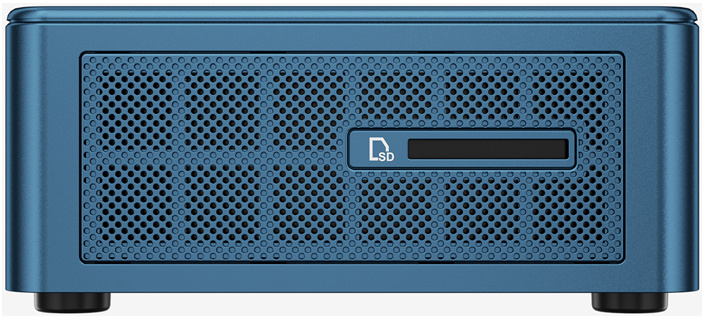 Egy kék mini PC elülső nézete perforált szellőzőráccsal és SD-kártya nyílással.