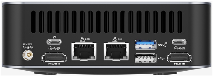 Mini PC hátoldala HDMI, USB-C, Ethernet, USB portokkal és szellőzőnyílásokkal.
