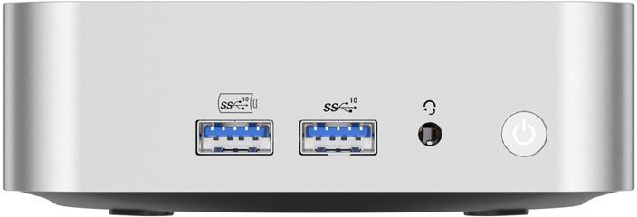 Ezüstszínű készülékelőlap két USB-porttal, egy fejhallgató-csatlakozóval és egy kerek bekapcsológombbal.