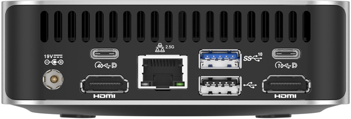 Mini PC hátlapja tápcsatlakozóval, HDMI, USB-C, Ethernet és USB portokkal.