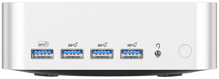 Egy ezüst színű eszköz eleje négy kék USB-porttal, fejhallgató-csatlakozóval és bekapcsológombbal.