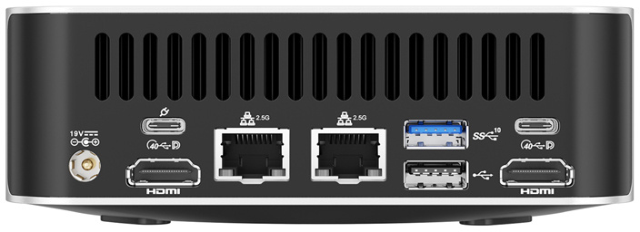 Egy mini PC hátlapja különféle portokkal, mint USB, HDMI és Ethernet.