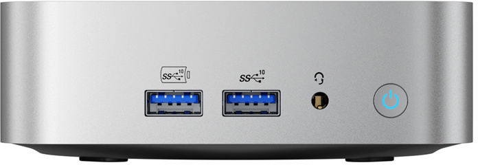 Ezüstszínű eszköz két kék USB-porttal, audiojack-csatlakozóval és világító bekapcsológombbal.
