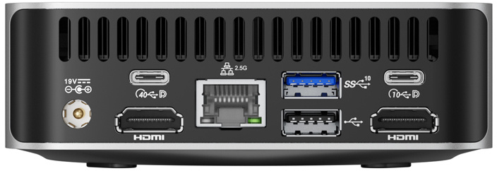 Mini PC hátlapja USB, HDMI és Ethernet portokkal.