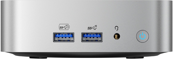 Egy ezüst mini PC elülső nézete két USB-porttal, egy fejhallgató-csatlakozóval és egy kék bekapcsológombbal.