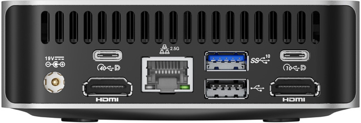 Egy mini PC hátlapja HDMI-, USB-, Ethernet- és tápcsatlakozókkal a szellőzőnyílások alatt.