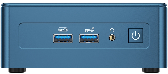 Kék színű mini PC előlap két USB-porttal, audió csatlakozóval és bekapcsológombbal.