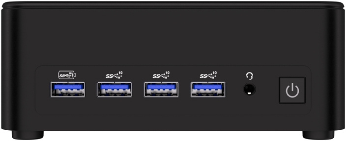 Egy fekete mini PC előlapja négy kék USB-porttal, audió csatlakozóval és bekapcsológombbal.