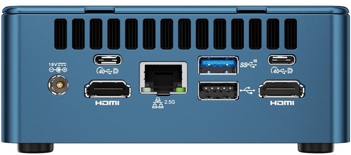 Egy kék mini PC hátlapja HDMI, USB, Ethernet és tápcsatlakozókkal.
