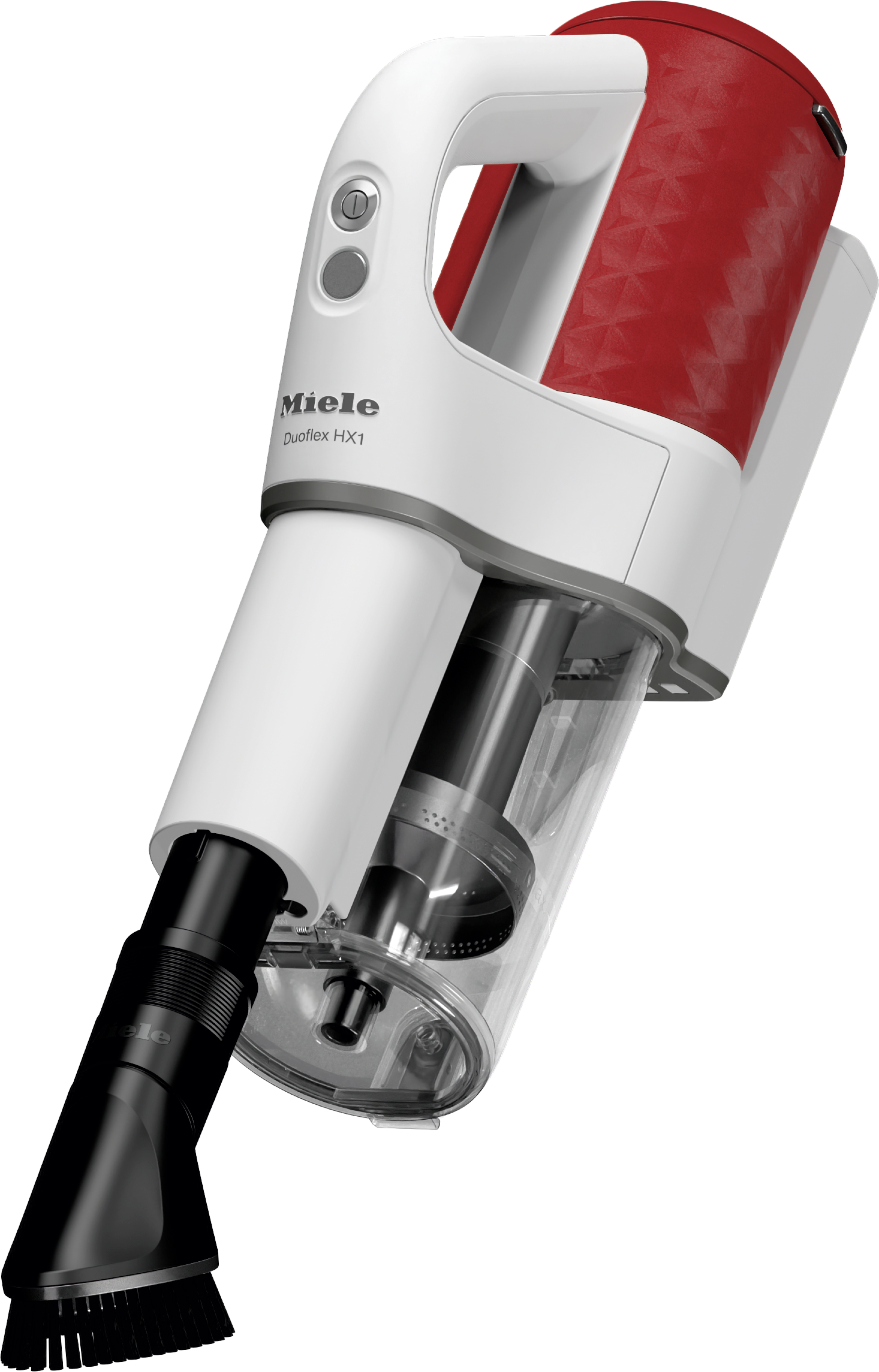 Ein weiß-roter Miele Duoflex HX1 Akkusauger mit transparentem Staubbehälter vor schwarzem Hintergrund.