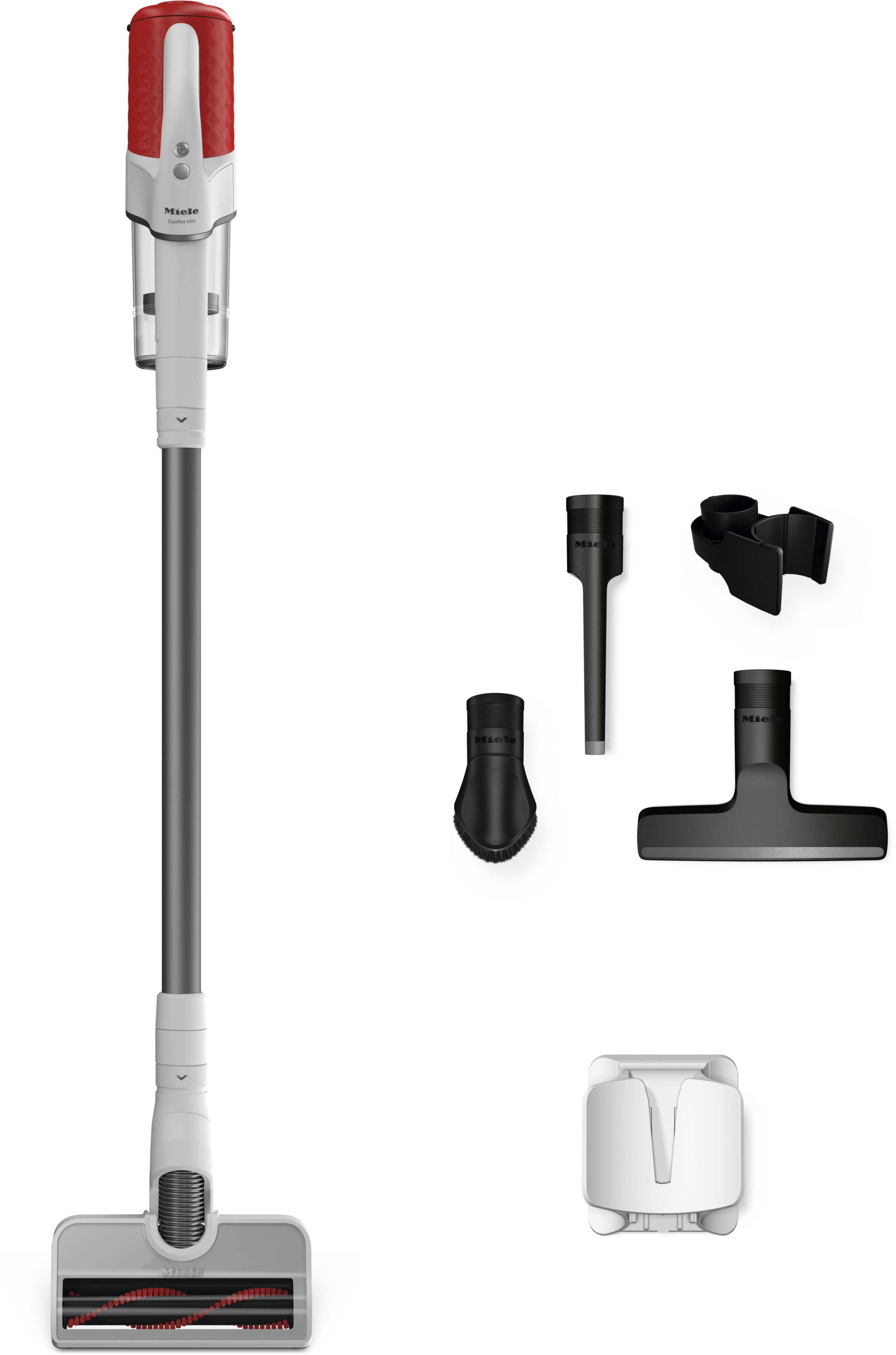 Miele Duoflex HX1 Staubsauger mit Stiel, Zubehörteilen und weißer Wandhalterung vor schwarzem Hintergrund.