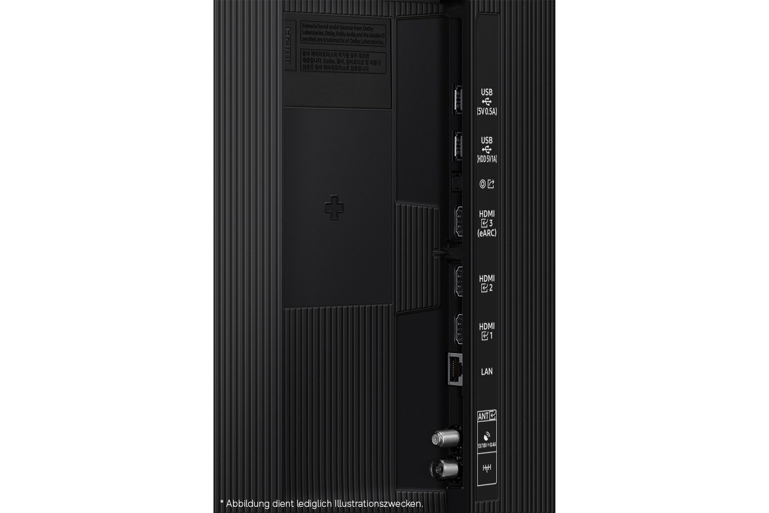 Rückseite eines schwarzen Fernsehers mit verschiedenen Anschlüssen wie USB, HDMI und LAN.