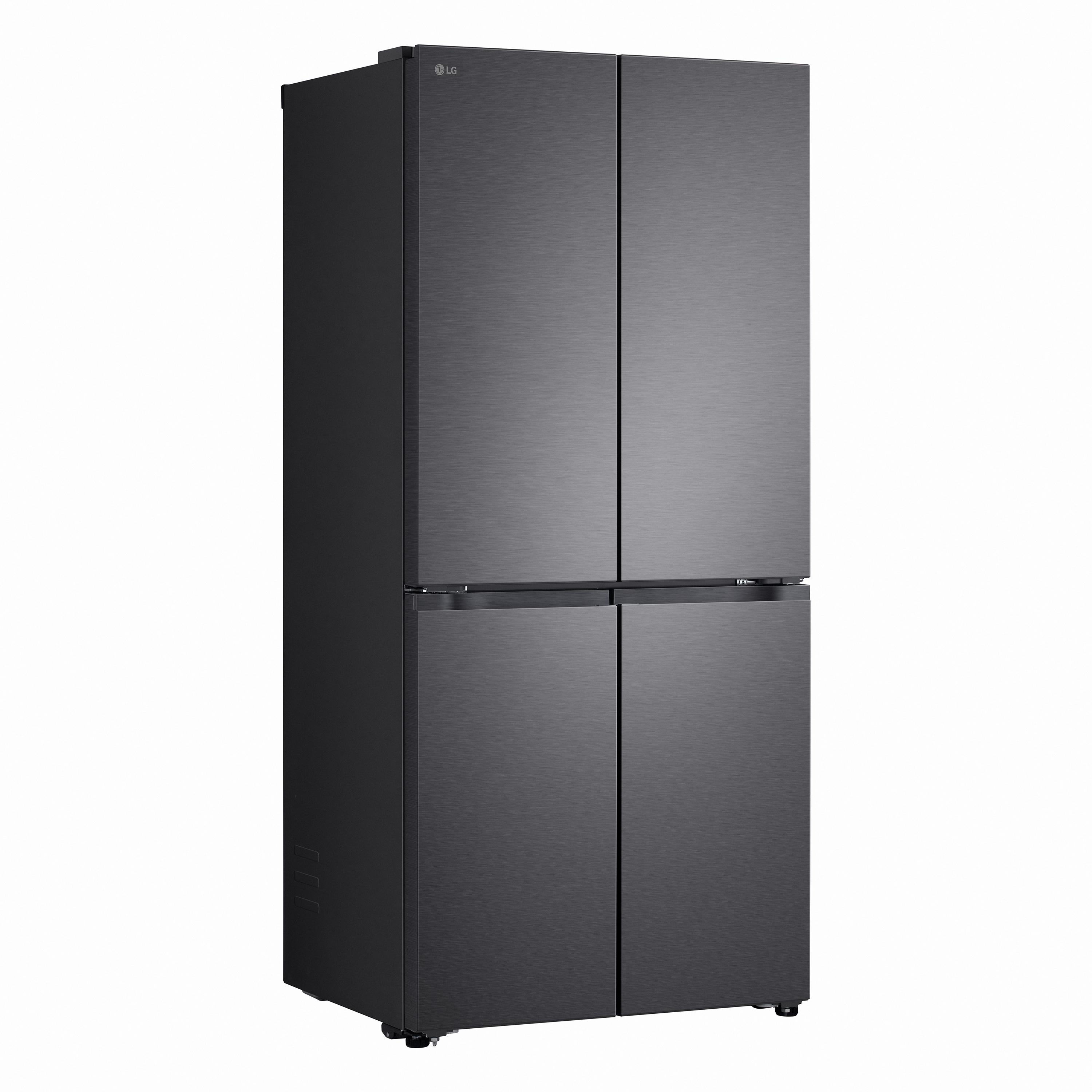 Ein grauer LG Viertürer-Kühlschrank mit gebürsteter Metalloberfläche vor weißem Hintergrund.