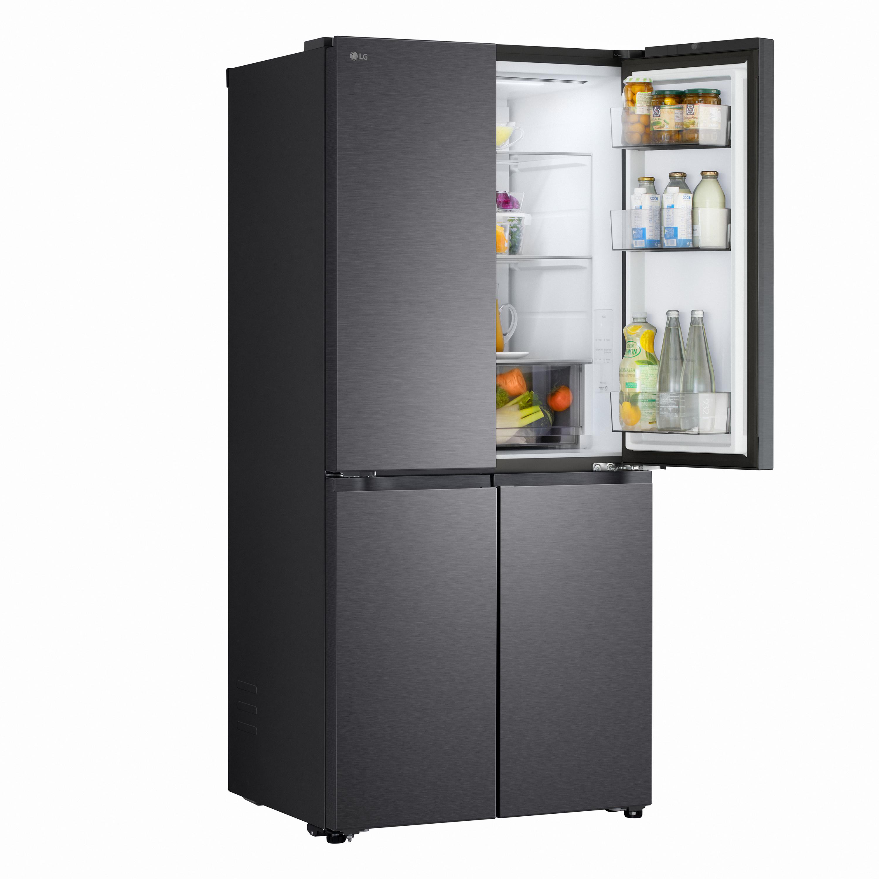 Dunkelgrauer LG-Kühlschrank mit vier Türen; die rechte obere Tür ist geöffnet und zeigt gefüllte Fächer.