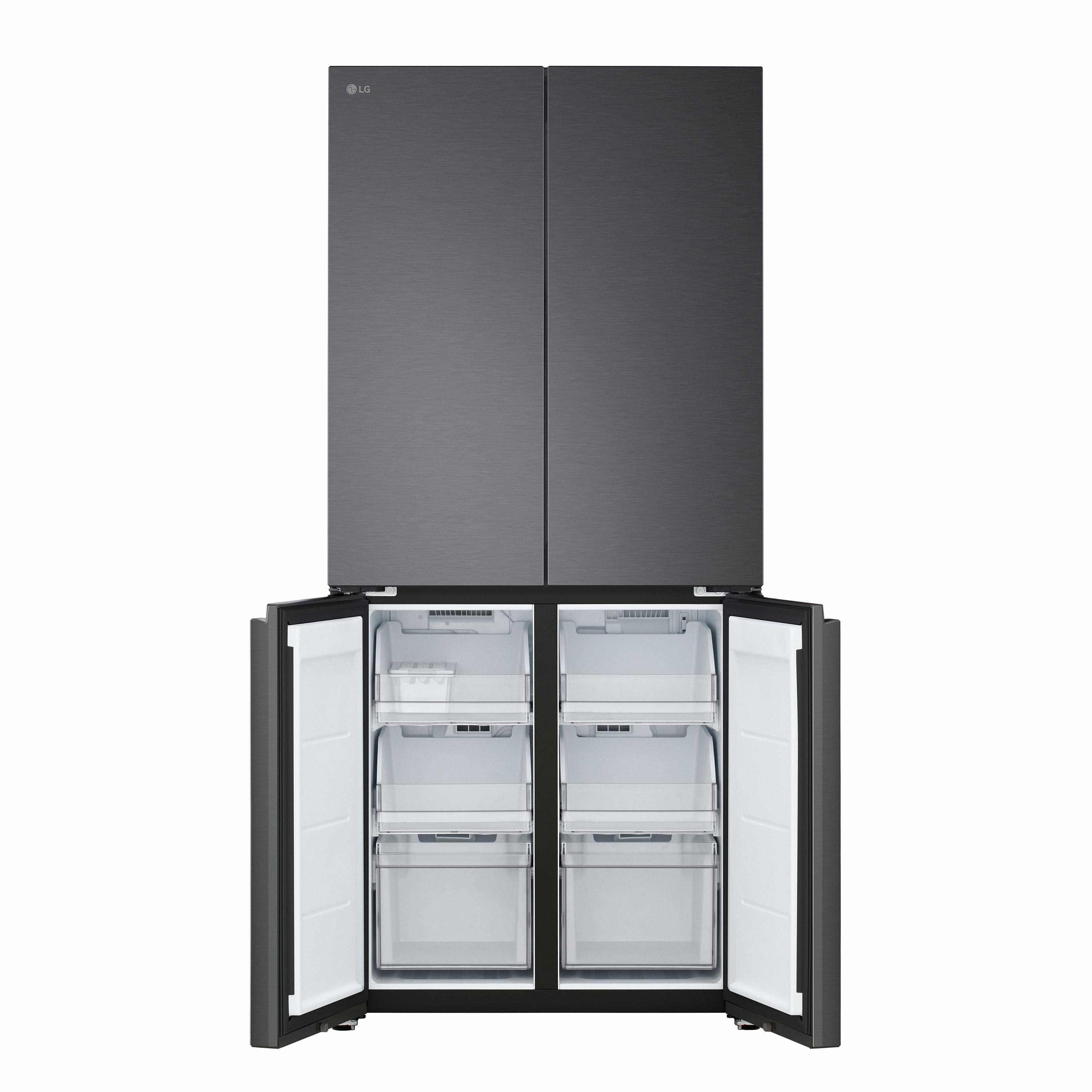 Dunkelgrauer LG-Kühlschrank mit vier Türen; die unteren Gefrierfächer sind geöffnet.