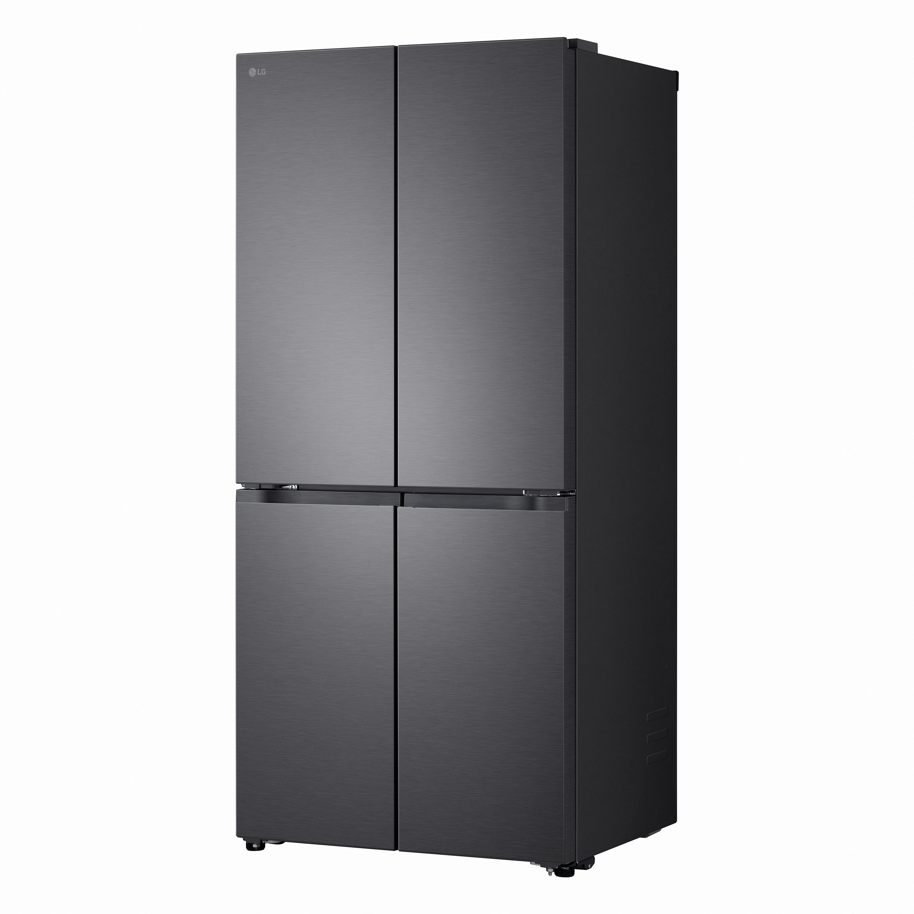 Ein schwarzer LG-Vier-Tür-Kühlschrank auf weißem Hintergrund.