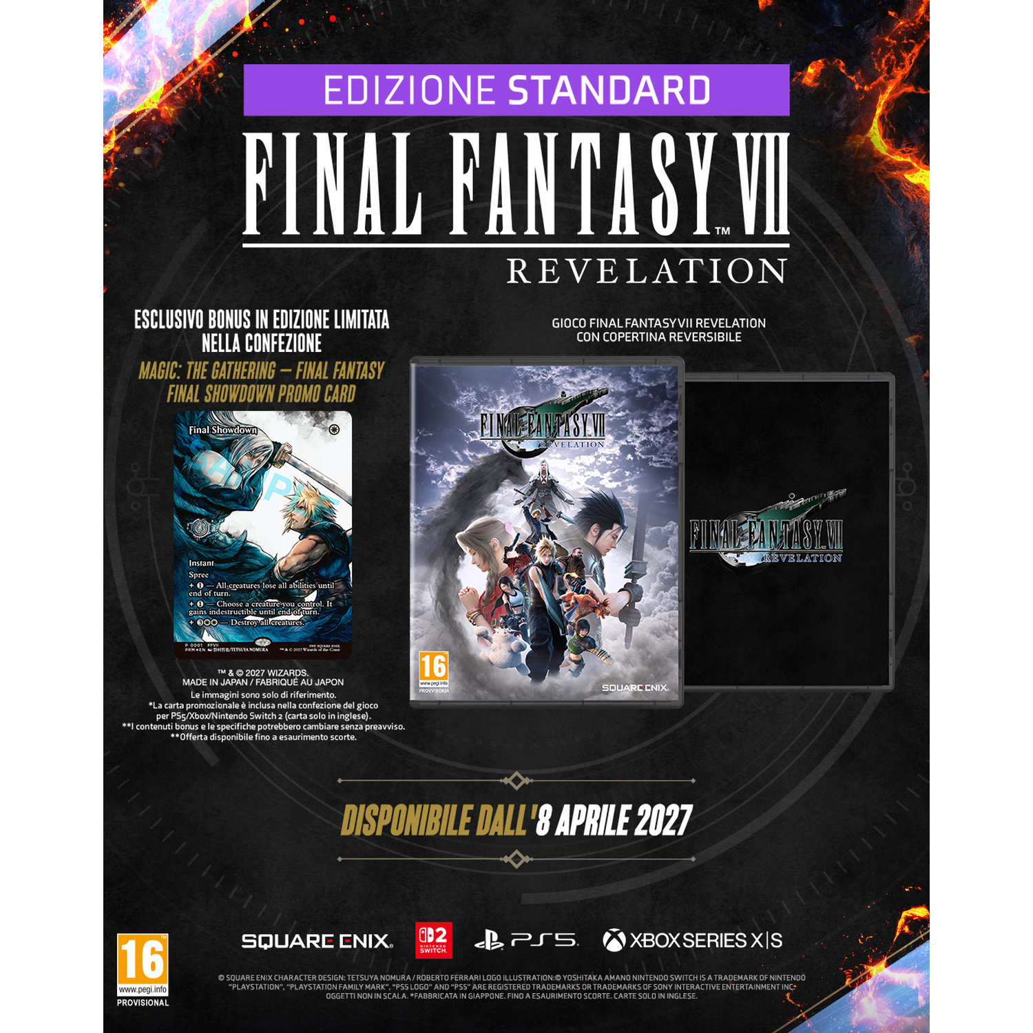 Locandina promozionale di Final Fantasy VII Revelation con custodia, copertina reversibile e carta promo, disponibile dall'8 aprile 2027.