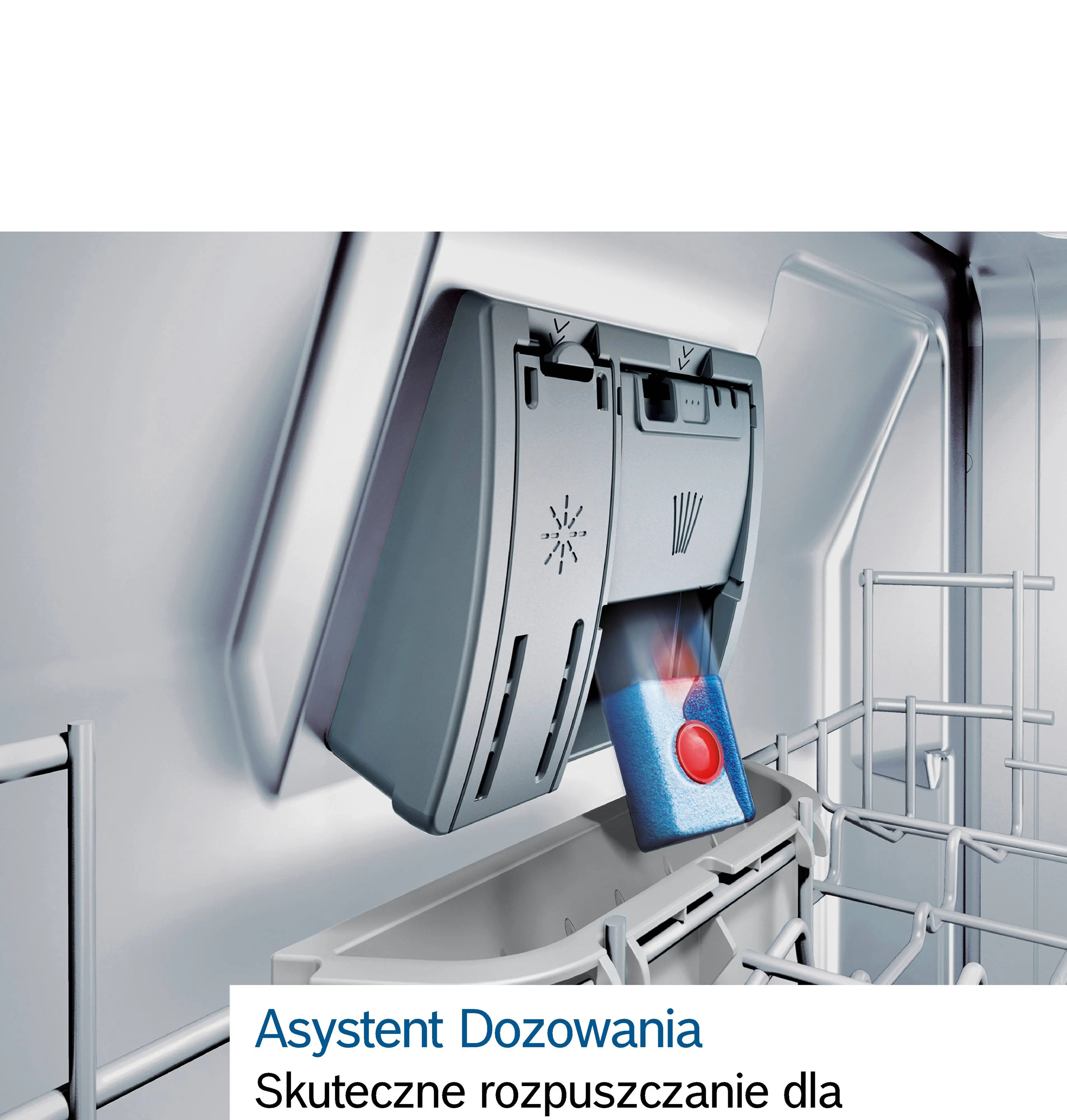 Asystent dozowania w zmywarce upuszcza niebieską tabletkę z czerwonym środkiem do pojemnika.