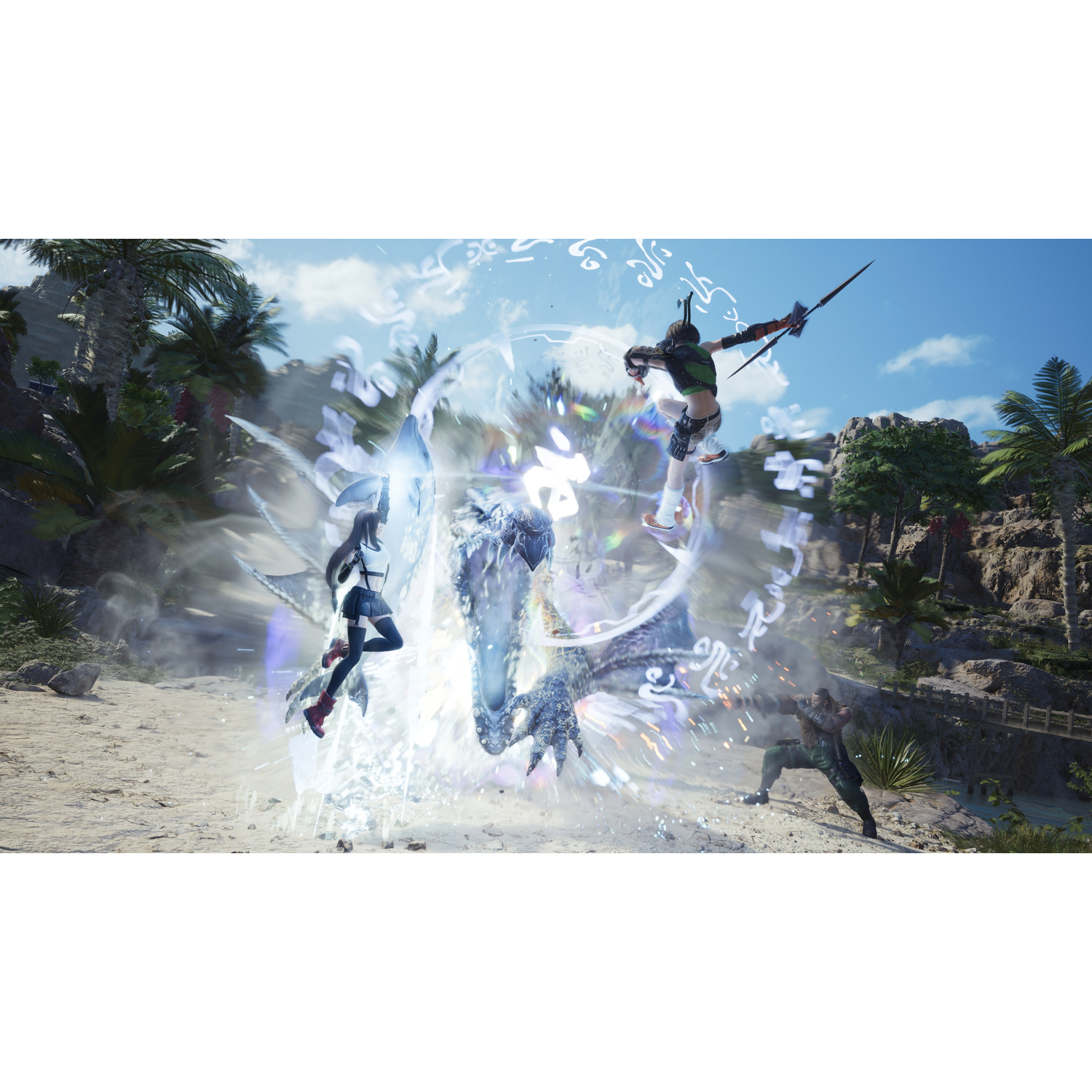 Personaggi combattono una creatura su una spiaggia tropicale con effetti magici.
