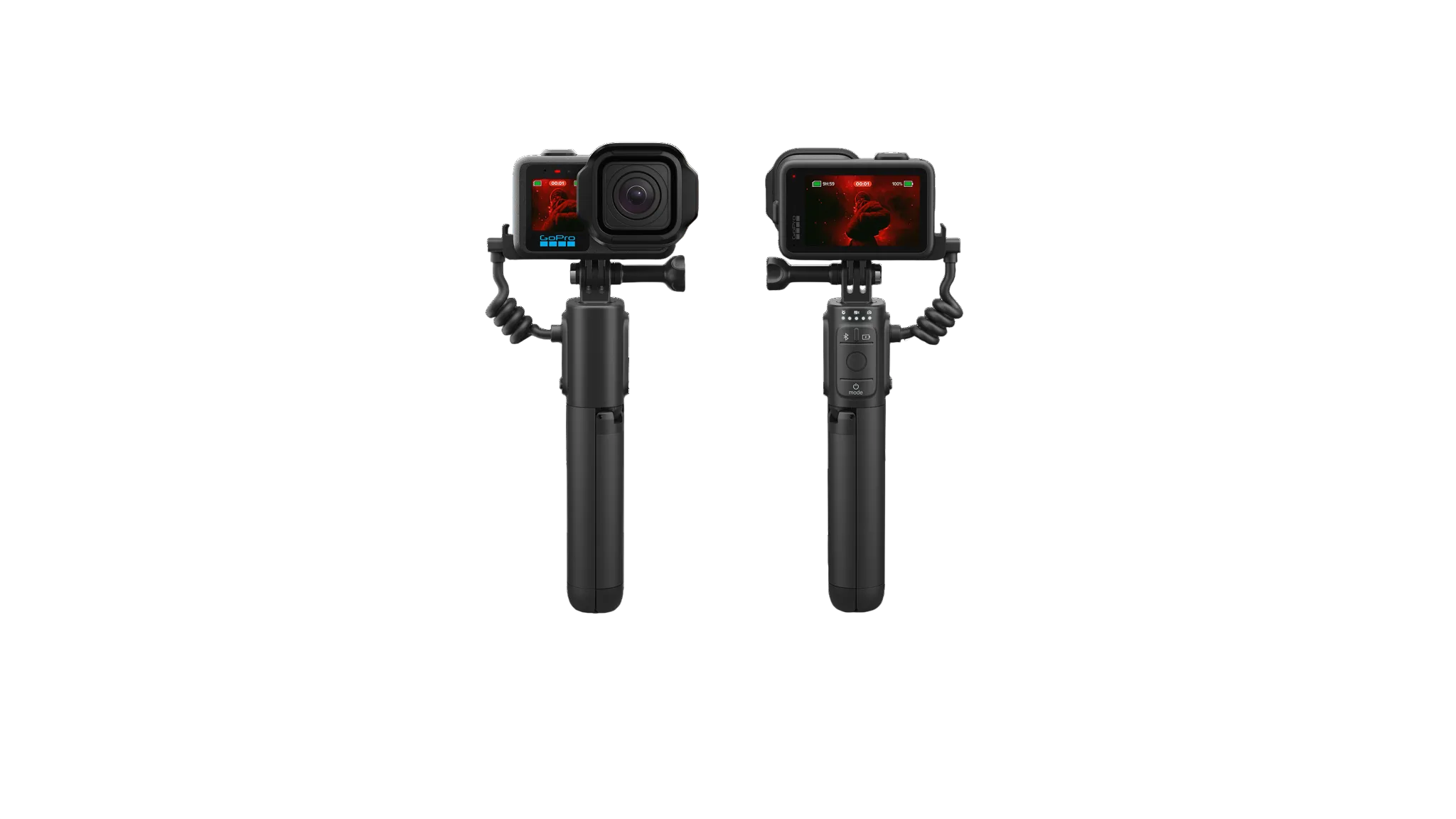 Zwei schwarze GoPro-Kameras auf Handgriffen, vorne und hinten gezeigt.