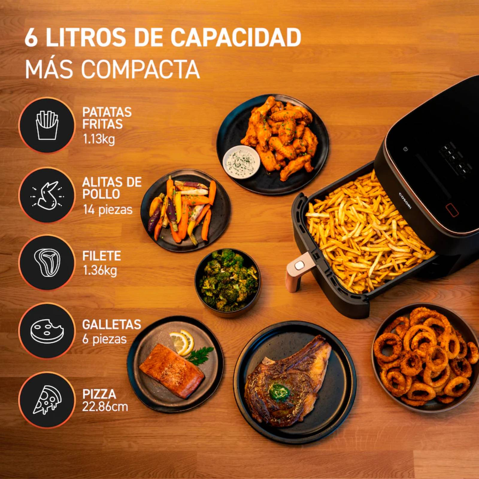 6 litros de capacidad más compacta. Patatas fritas 1.13 kg. Alitas de pollo 14 piezas. Filite 1.36 kg. Galletas 6 piezas. Pizza 22.86 cm.