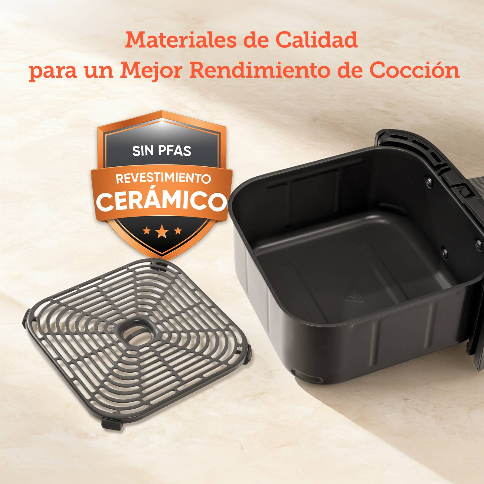 Materiales de Calidad para un mejor rendimiento de Cocción. Sin PFAS. Revestimiento Cerámico.