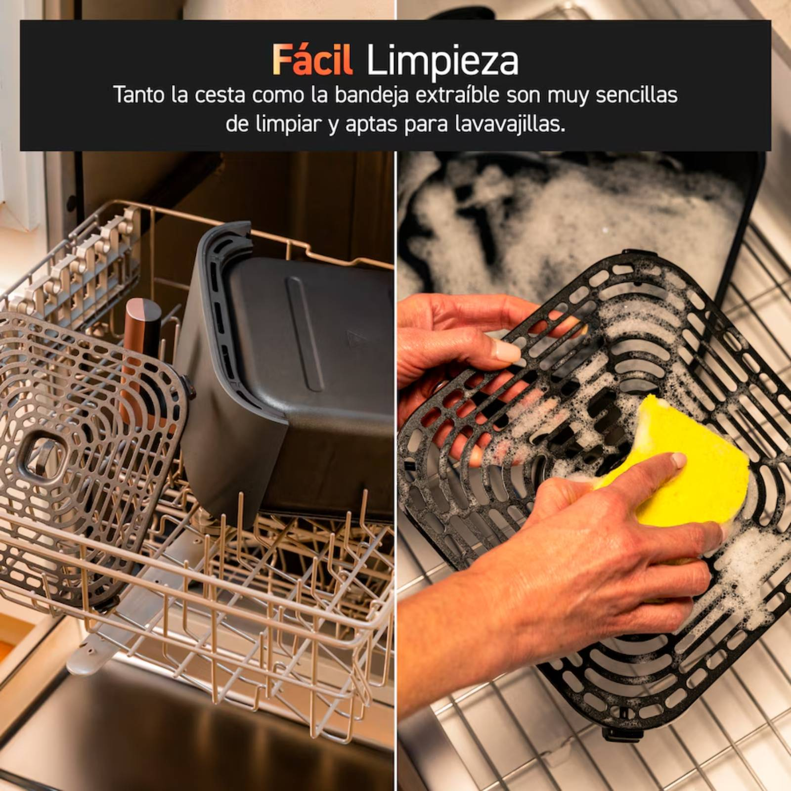 Una cesta de freidora de aire siendo lavada en el lavavajillas y a mano con agua jabonosa y una esponja. Fácil Limpieza. Tanto la cesta como la bandeja extraibe son muy sencillas de limpiar y aptas para lavavajillas.