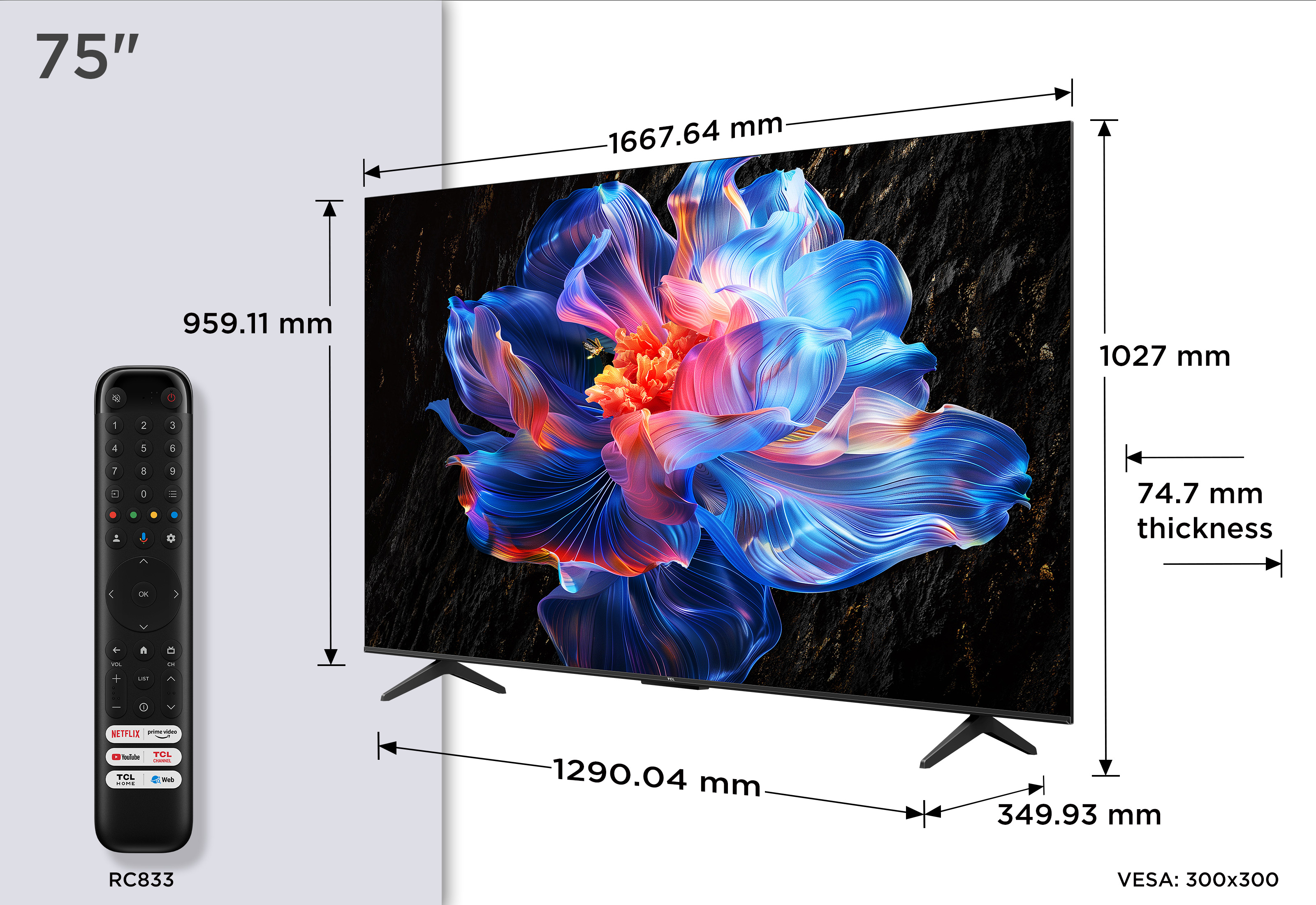 Diagramm eines 75-Zoll-TCL-Fernsehers mit Maßen, farbigem Blumenbild und RC833 Fernbedienung.