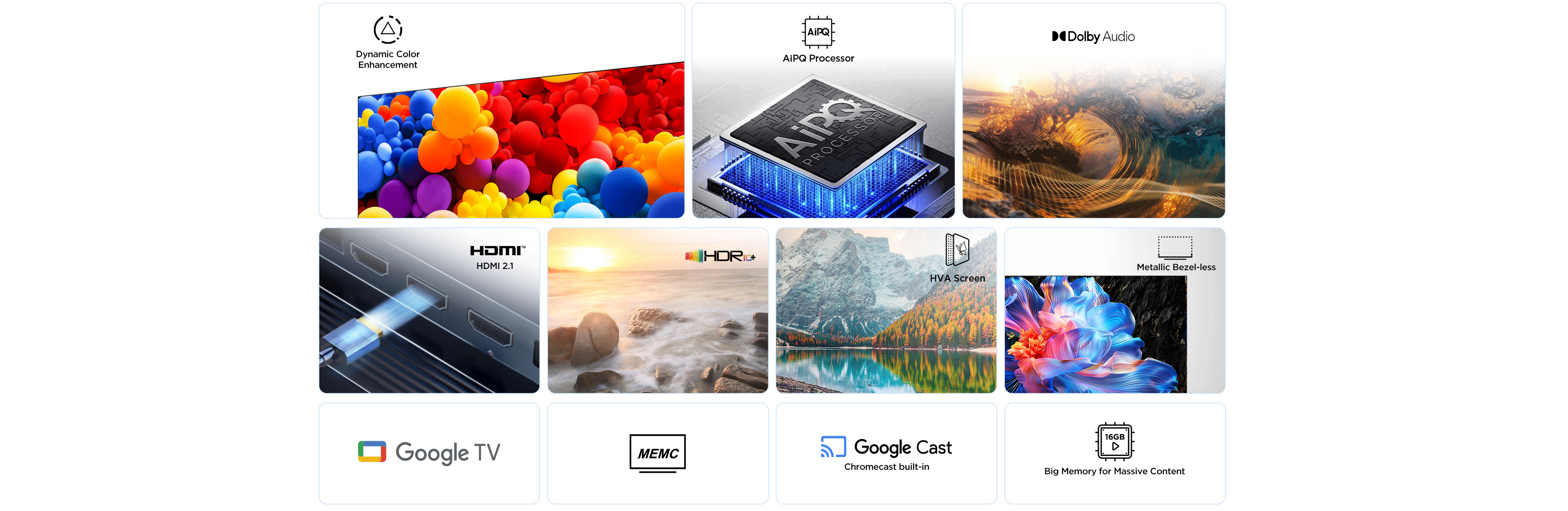 Infografik mit TV-Funktionen wie dynamischer Farbe, AiPQ-Prozessor, Dolby Audio, HDMI 2.1, HDR10+, HVA-Bildschirm und Google TV.