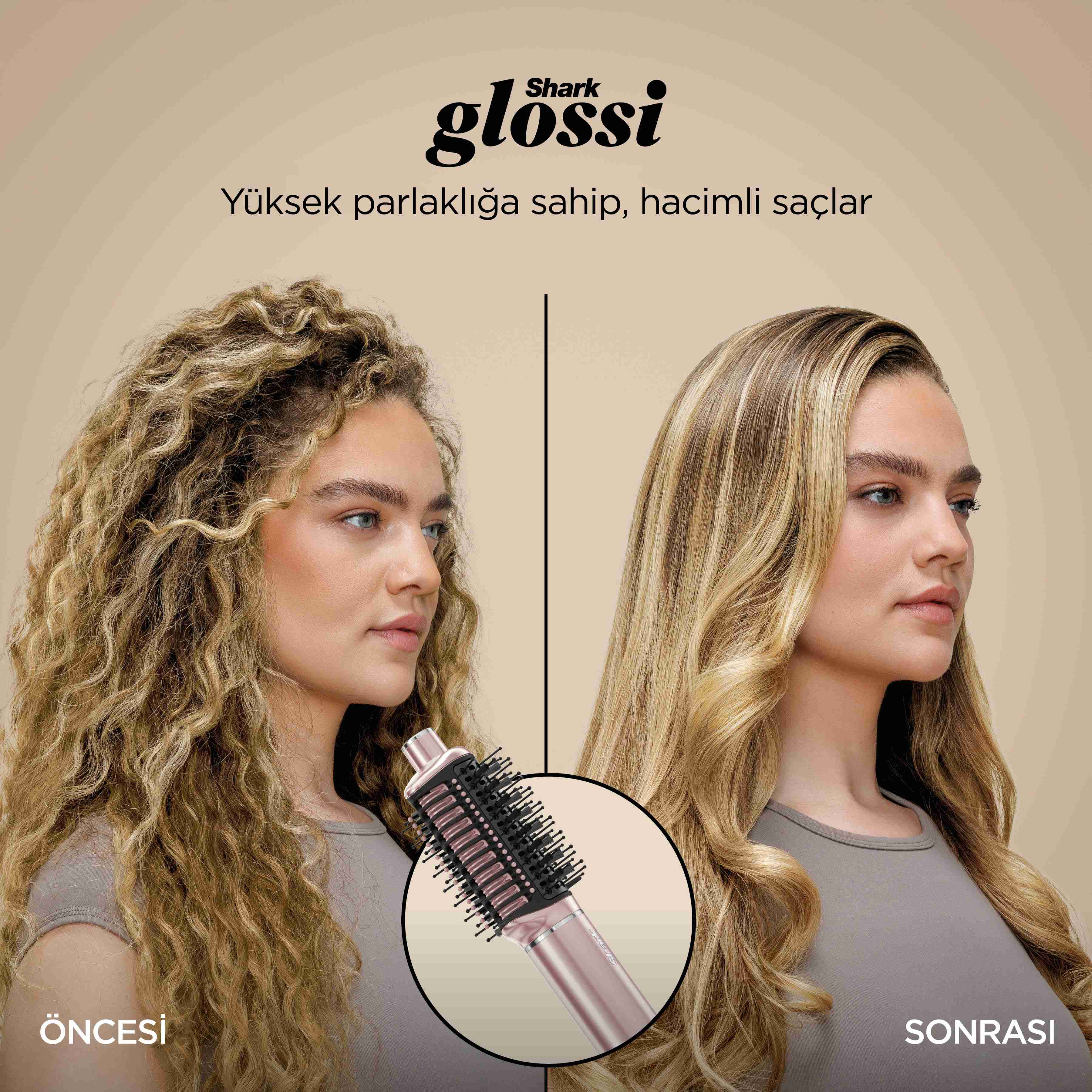 Saç şekillendirici ile parlak saçların önce ve sonra karşılaştırması.