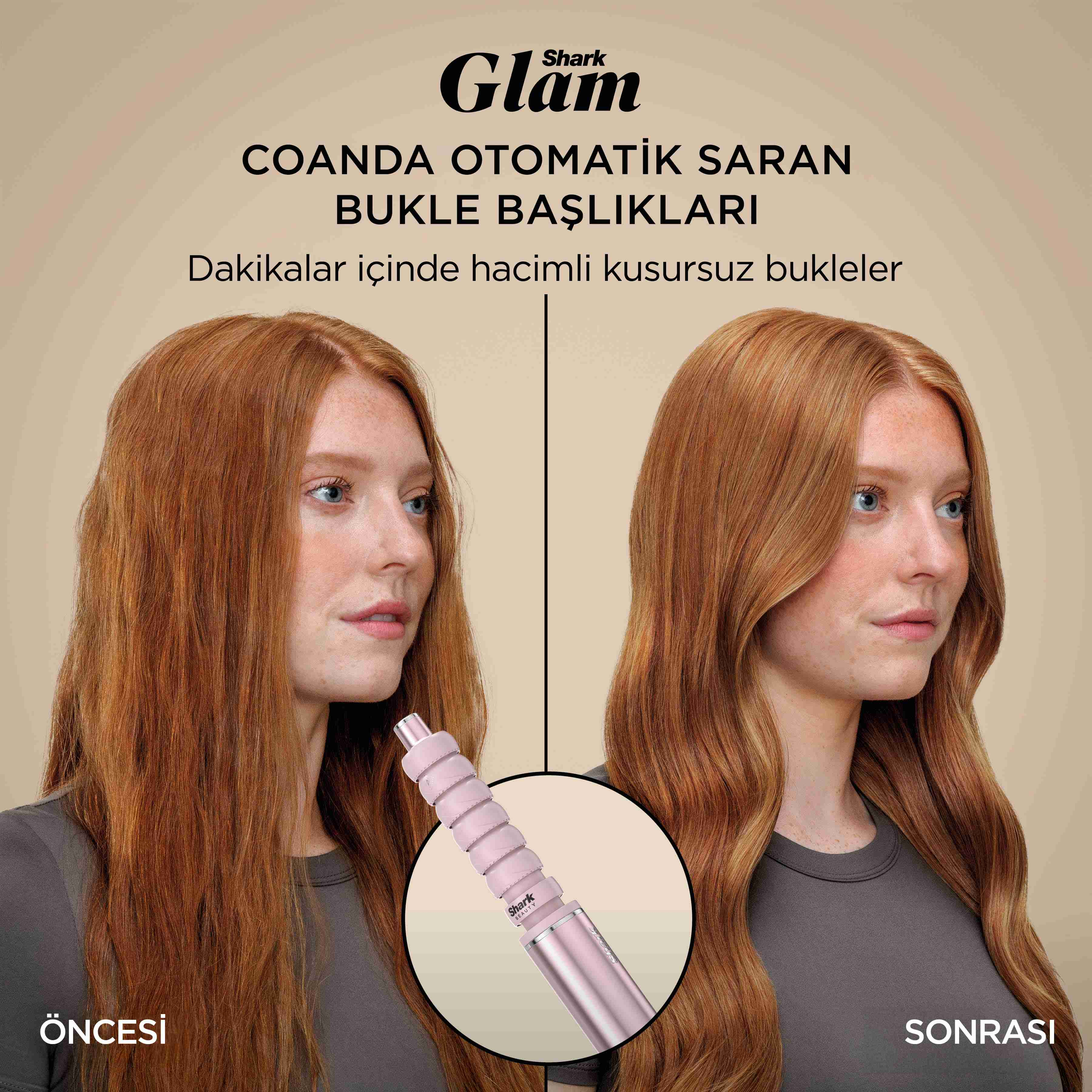 Saç maşası kullanan kızıl saçlı bir kadının şekillendirme öncesi ve sonrası.
