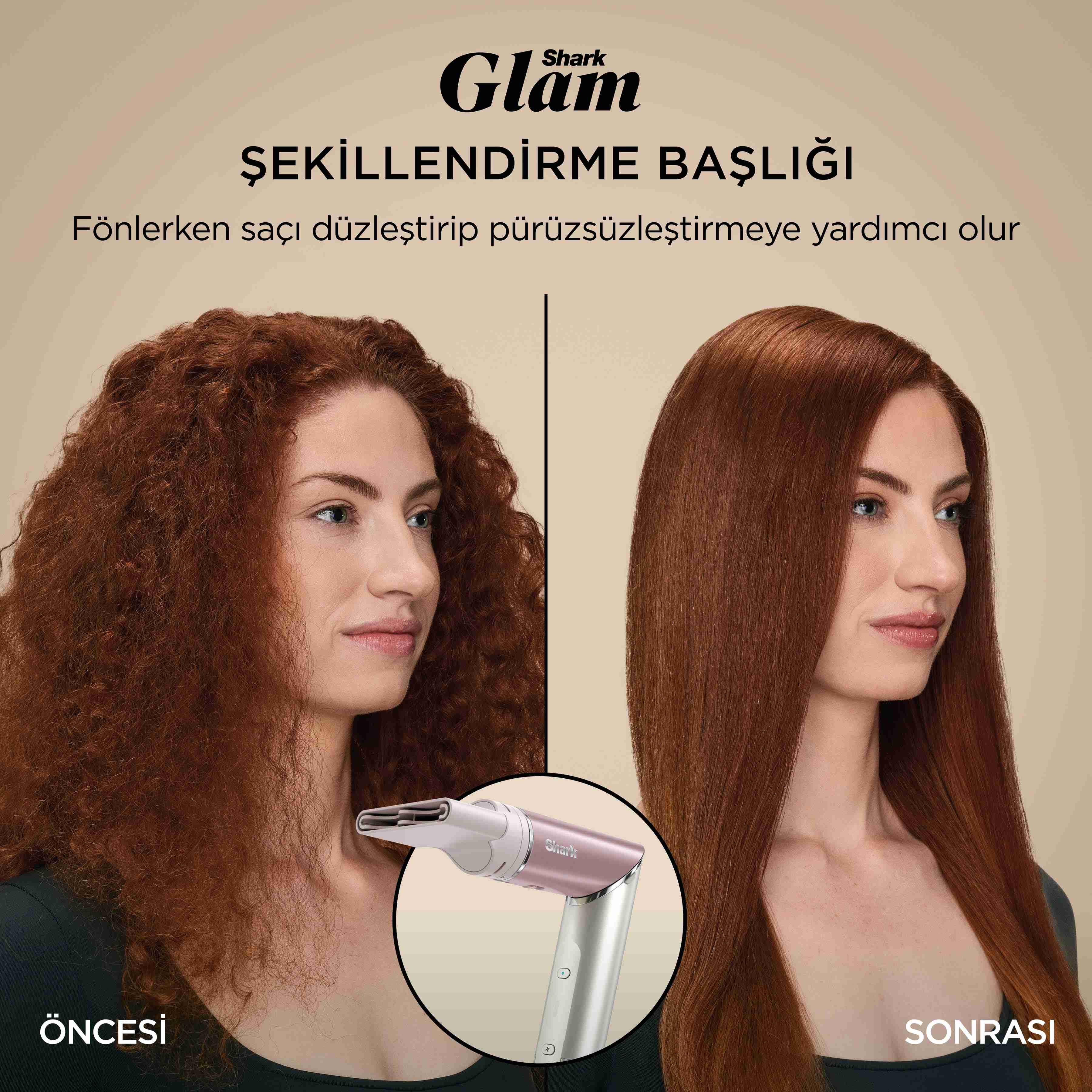 Öncesi ve sonrası karşılaştırması, şekillendirme başlığı ile saçın düzleştiğini gösterir.