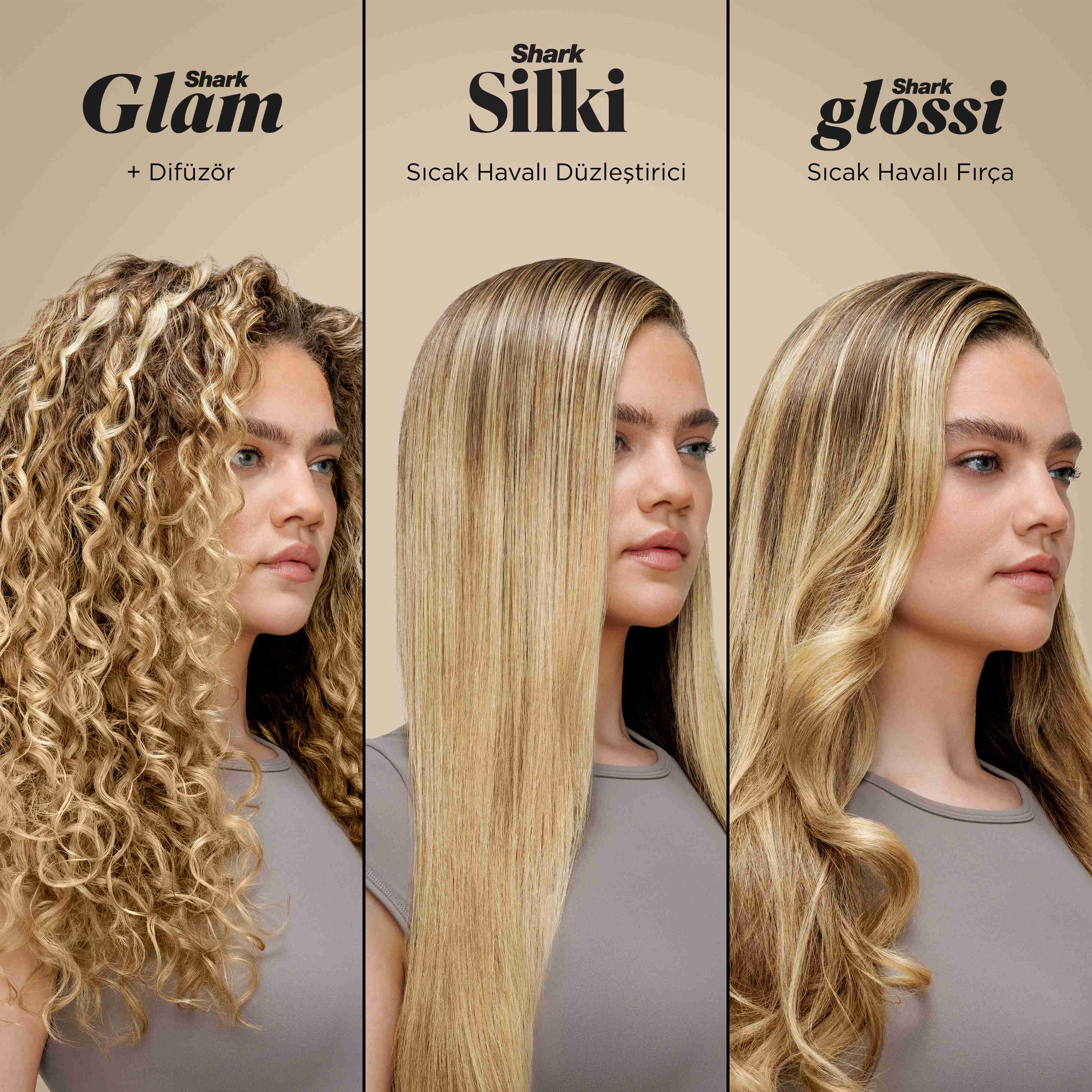 Shark Glam, Silki ve Glossi etiketli kivircik, düz ve dalgali sacli üç kadin.