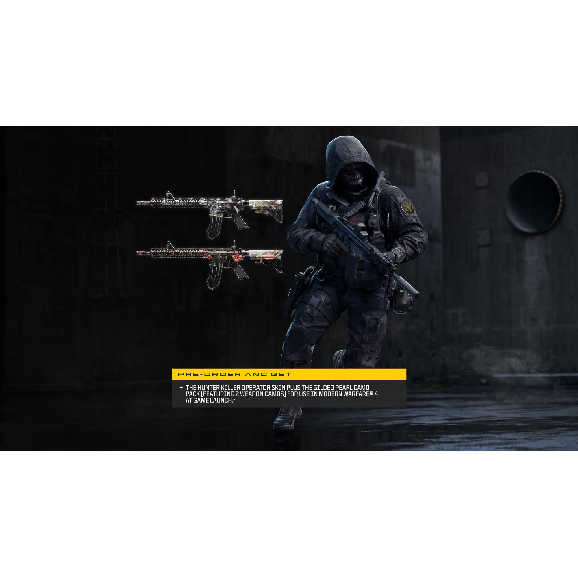 Ein Soldat im schwarzen Kapuzenpullover rennt, daneben zwei Sturmgewehre und ein Vorbestellungs-Banner.