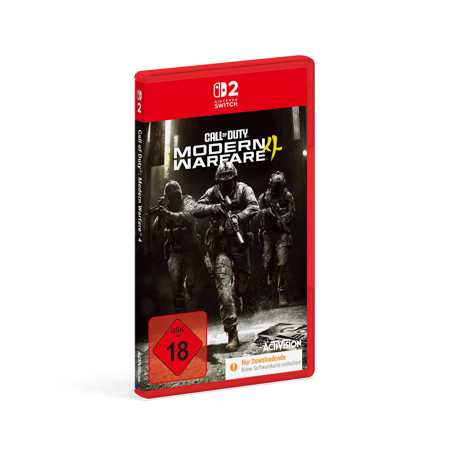 Rote Spielehülle für Call of Duty Modern Warfare für Nintendo Switch mit USK 18 Logo und drei Soldaten auf dem Cover.